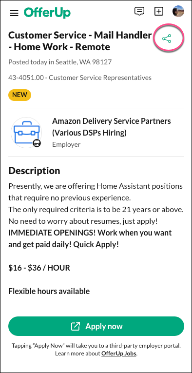 The Share button is located in the top right corner of a job listing.