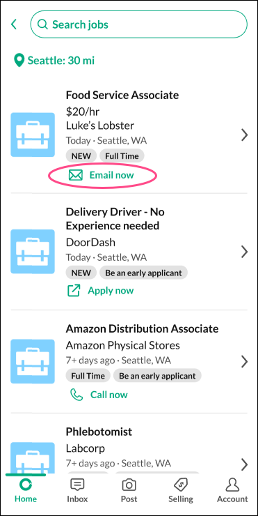 The Jobs feed shows the job title, company name, and a link to apply.
