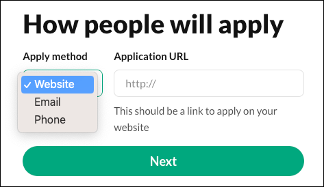 The Apply Method dropdown allows you to select how people will apply to your job.