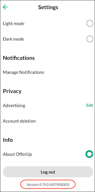 The app version is located at the bottom of the Settings page below the Log Out button