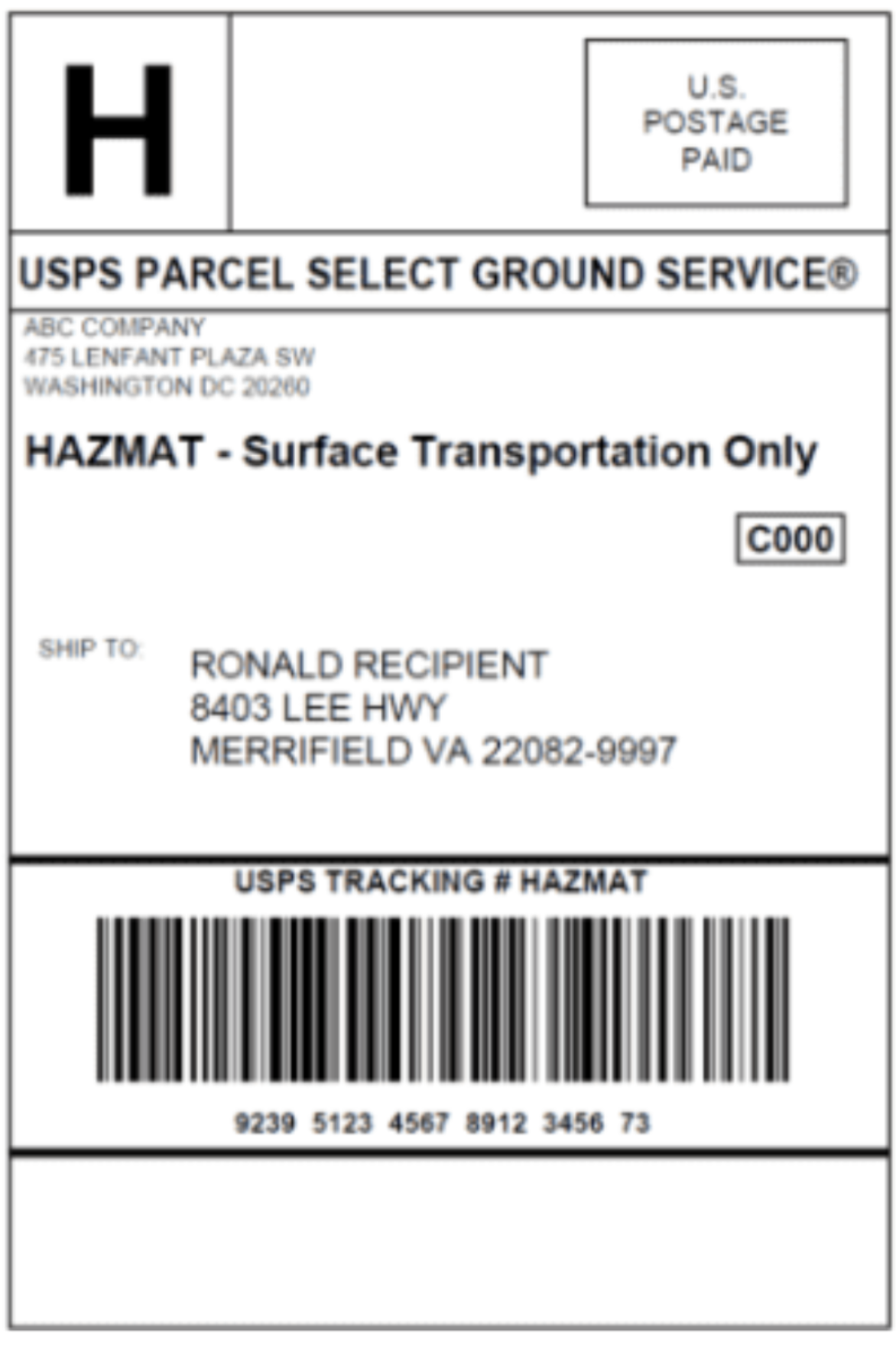 HAZMAT label shows an 'H' and says 'Surface Transportation Only.'