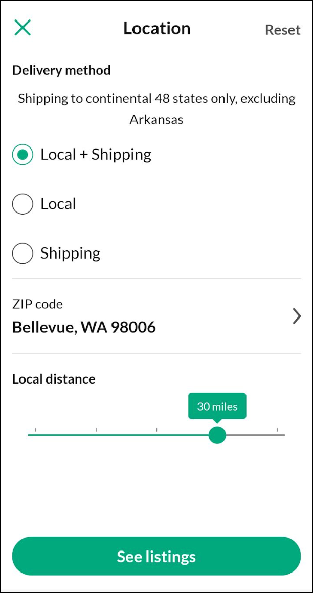 The Location pop-up in the app lets you select a delivery method, enter a zip code, and set the local distance of items you want to see.