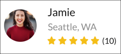 Profile with a photo of a young woman, username Jaime, and a location of Seattle, WA.