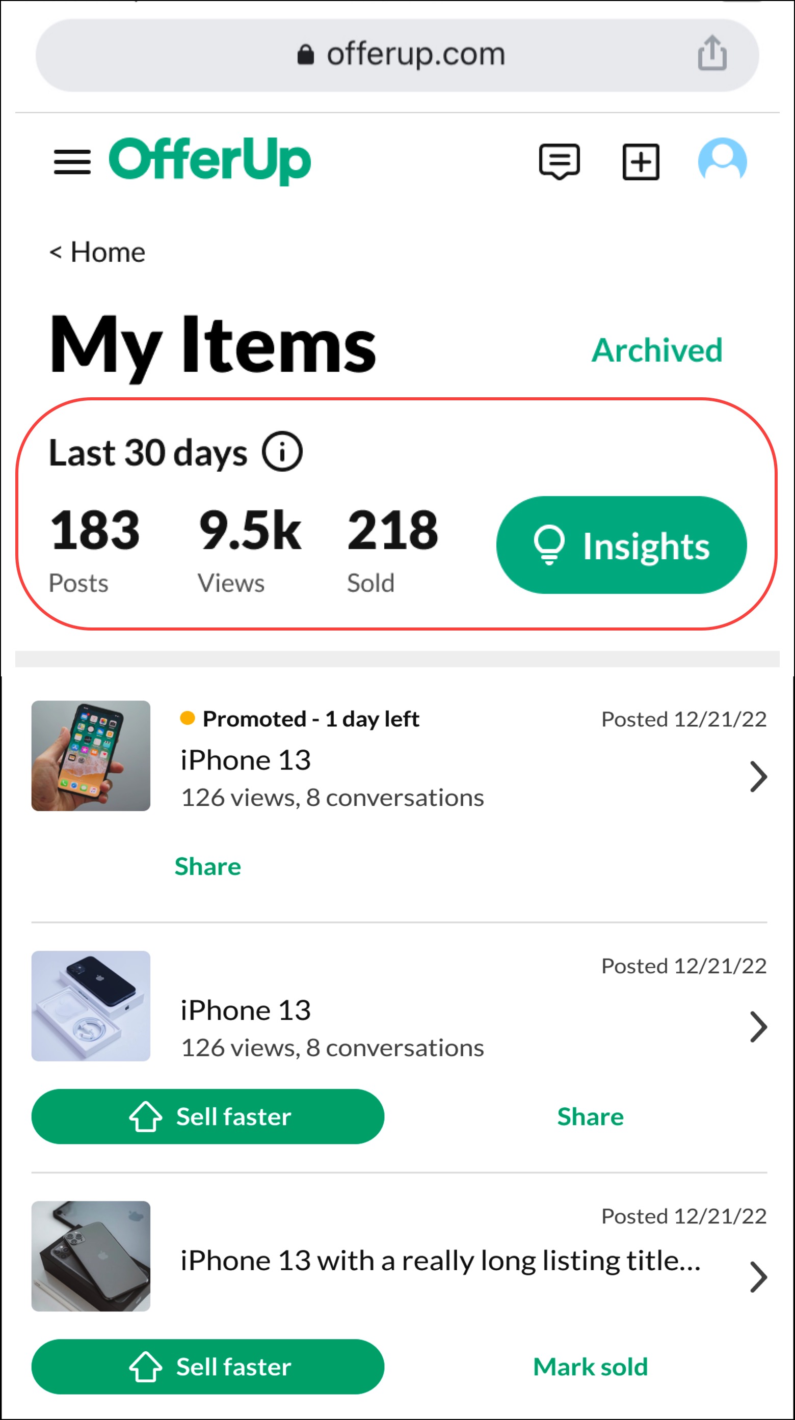 The Insights quick view shows the number of Posts, Views, and Items Sold.