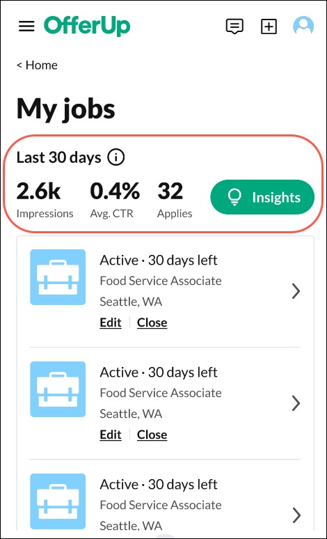 The quick view shows three metrics: Impressions, Average CTR, and Number of Applies.