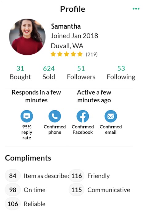 Your public Profile page shows your username, star rating, location, and more.