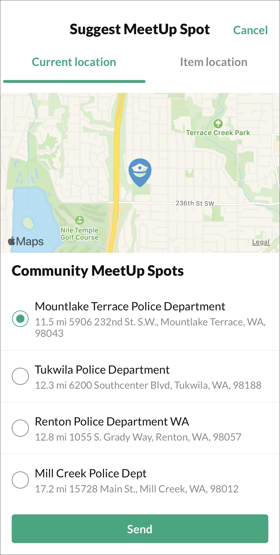 The Suggest MeetUp Spot page shows a list of 4 potential spots to choose from.