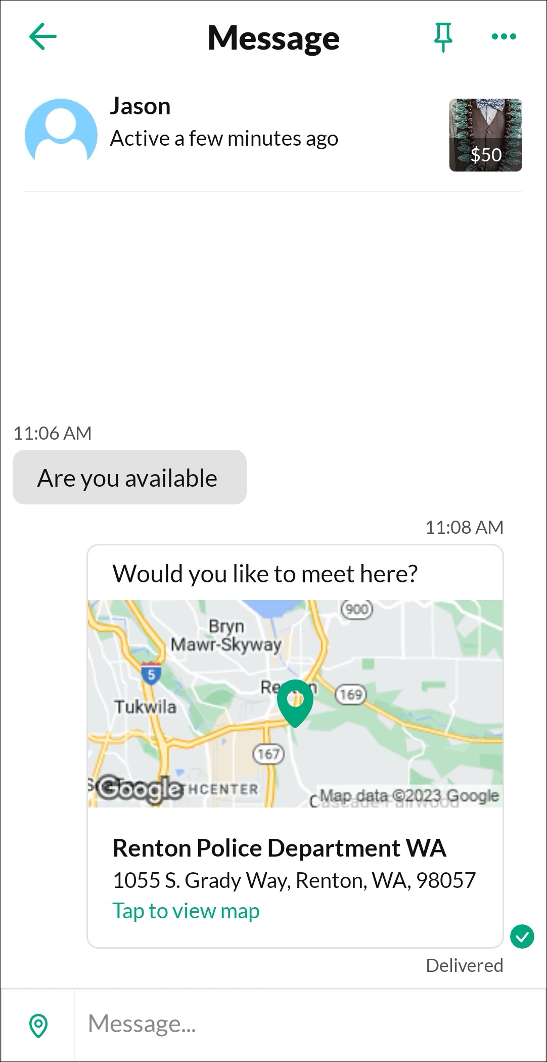 A message appears in the chat that says 'Would you like to meet here?' and includes a link to the location map.