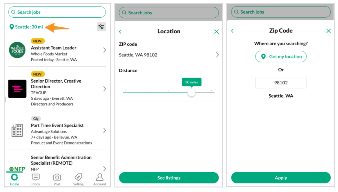Search location filter is set to 30 miles.