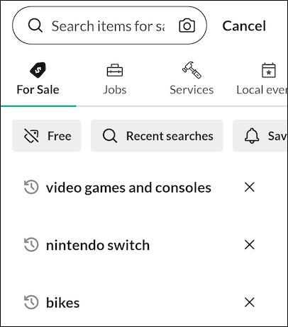 The Home page search bar, category pills, and recent search terms.