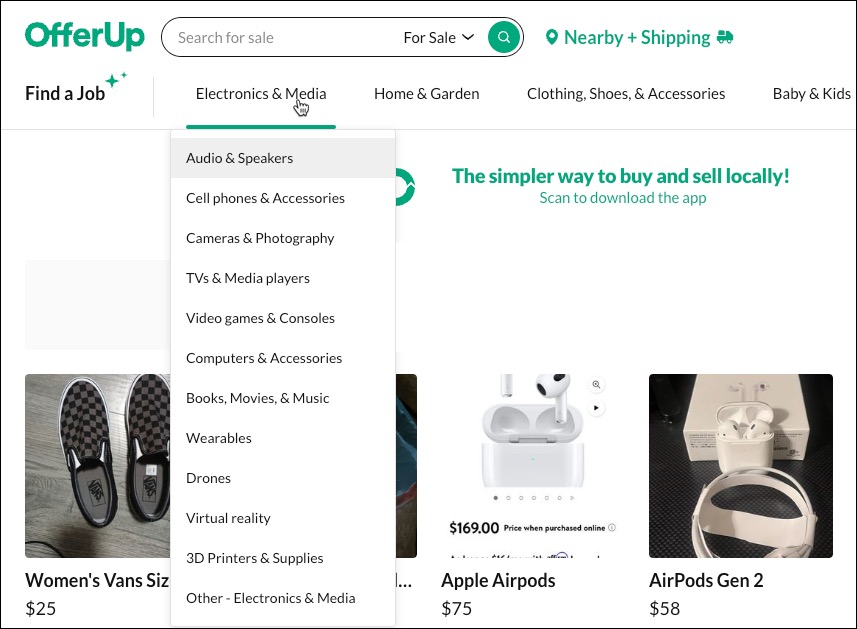 The categories menus on the Home page.