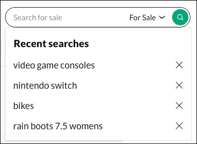 The Home page search bar and recent search terms.
