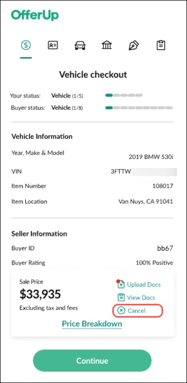 The Cancel button near the bottom of the Vehicle Checkout page.