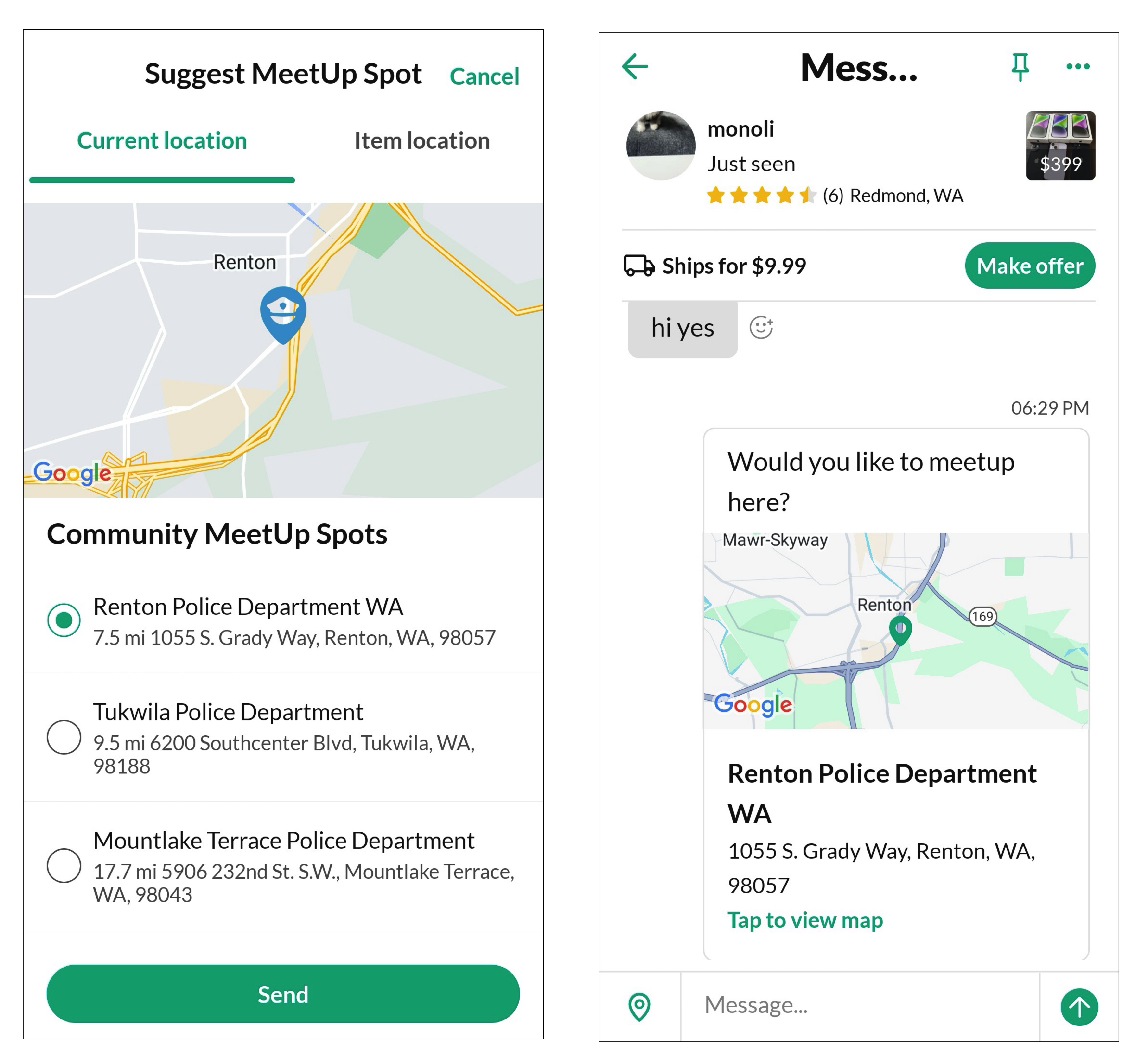 The user has suggested the Renton Police Dept and sent it to the other person.