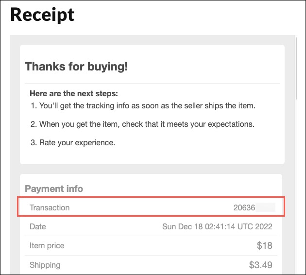 The Transaction number is a unique number found under Payment Info.