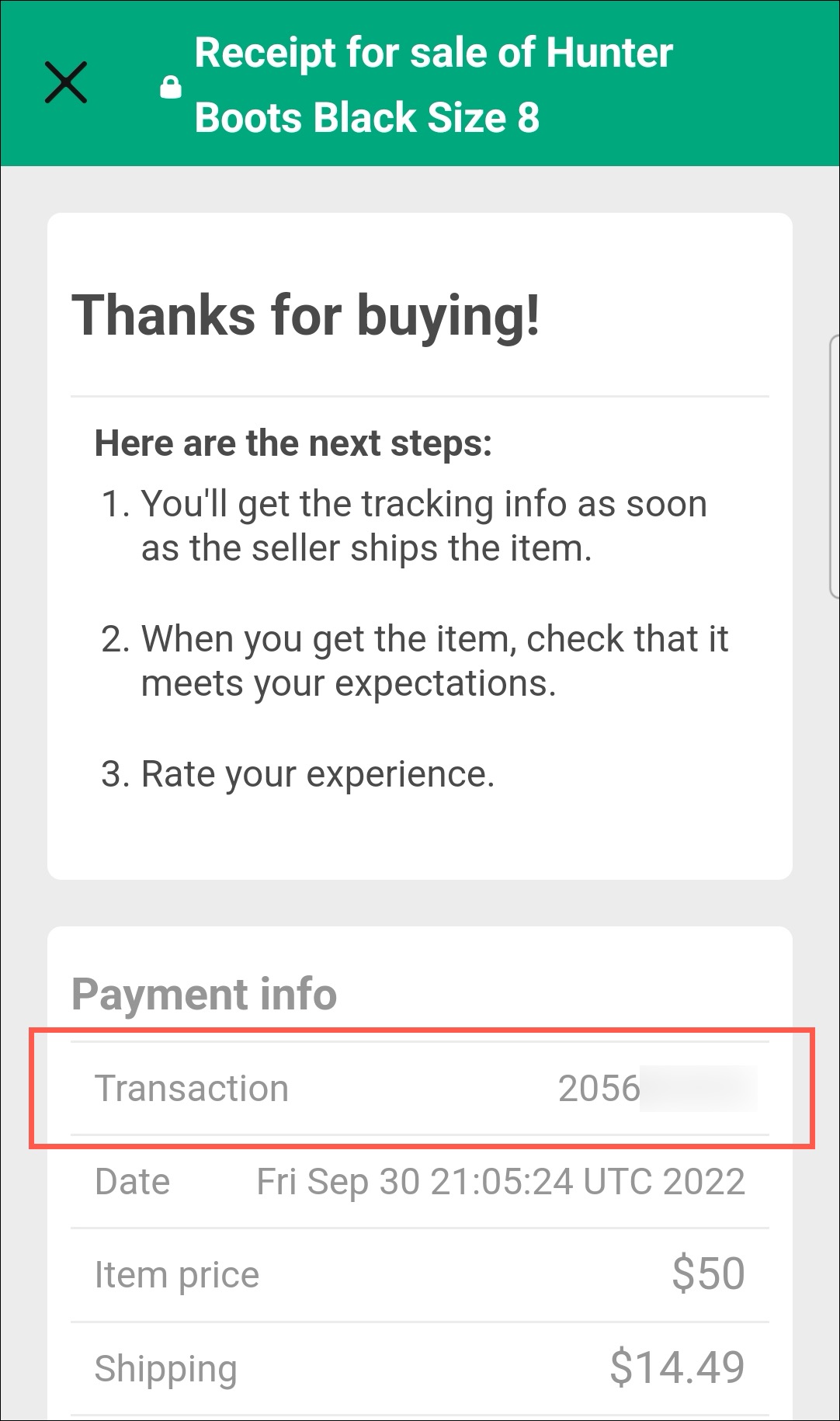 The Transaction number is a unique number found under Payment Info. 