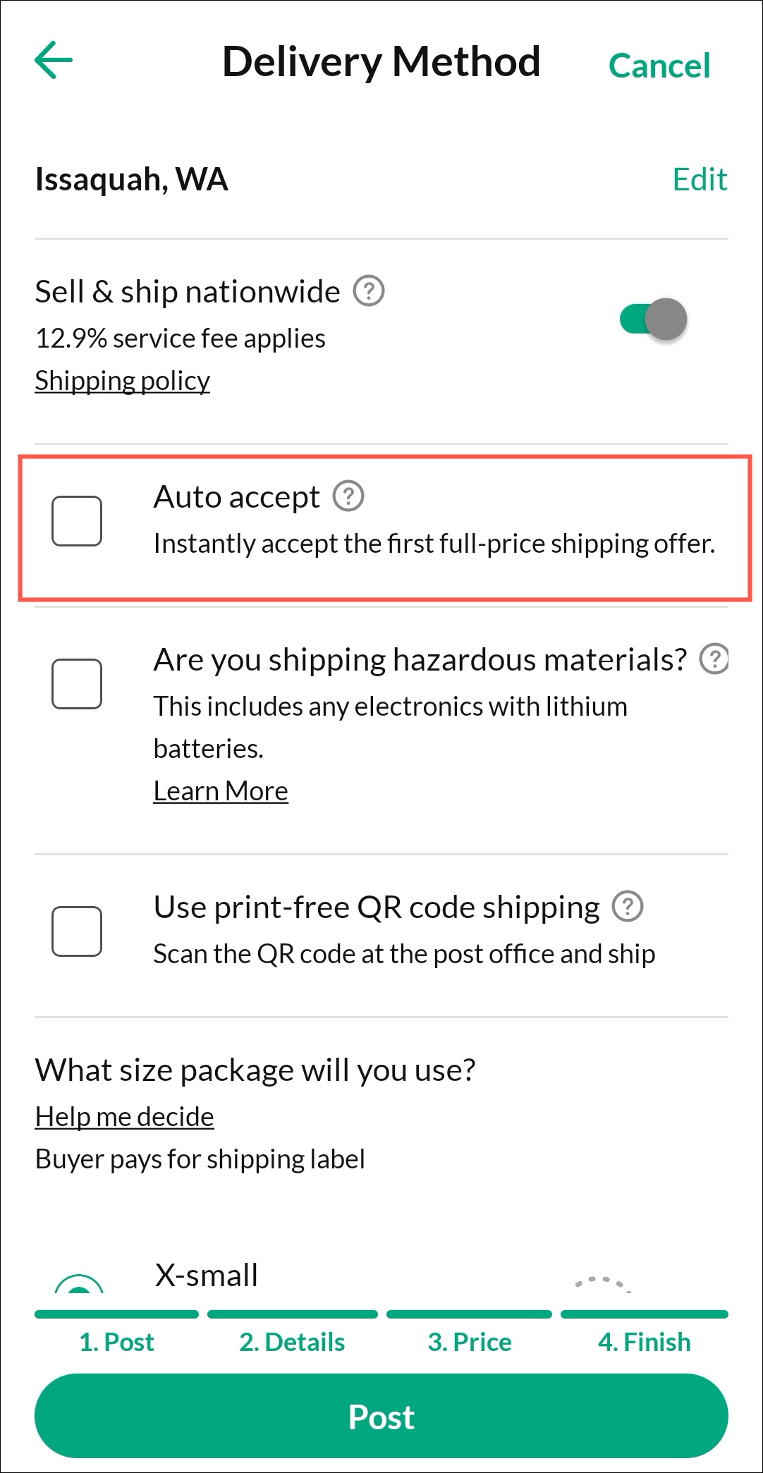 Auto Accept checkbox is deselected on the Delivery Method page.