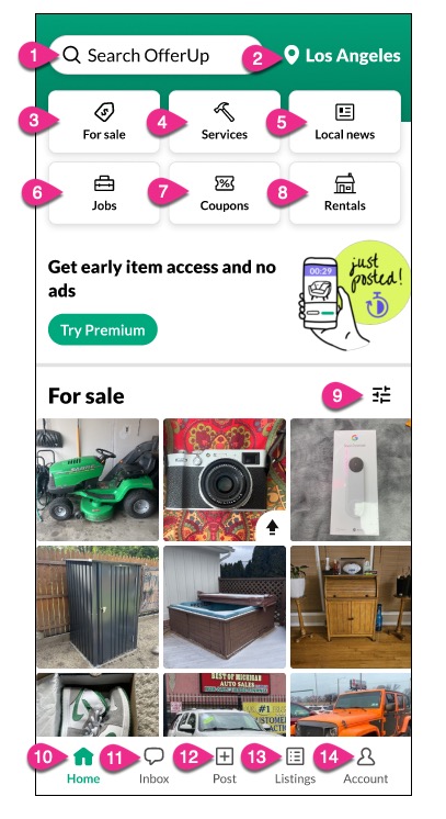 The app home page shows products and services, plus navigation features.