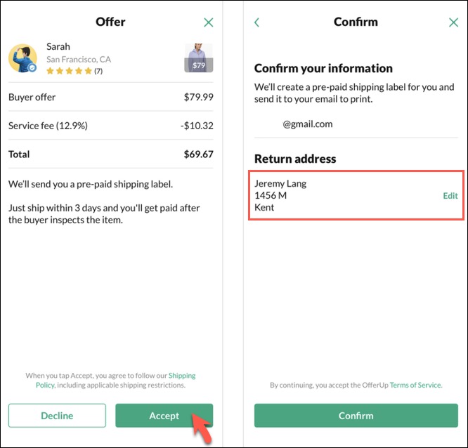 The Confirm page shows a section for Return Address.