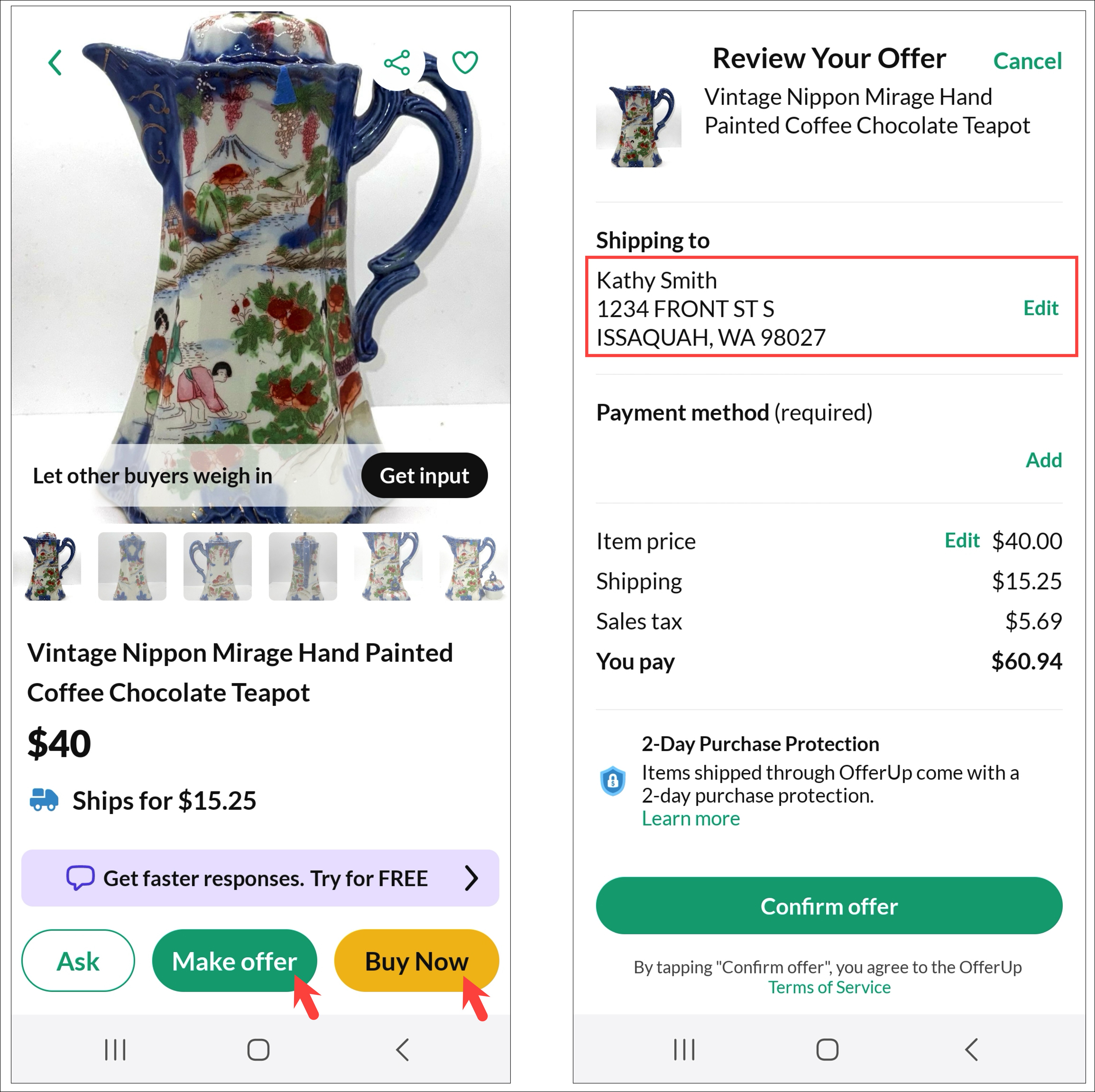 The listing page shows a Make Offer and a Buy Now button at the bottom of the page.