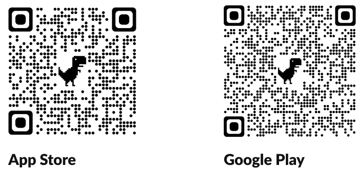 QR codes for App Store and Google Play.
